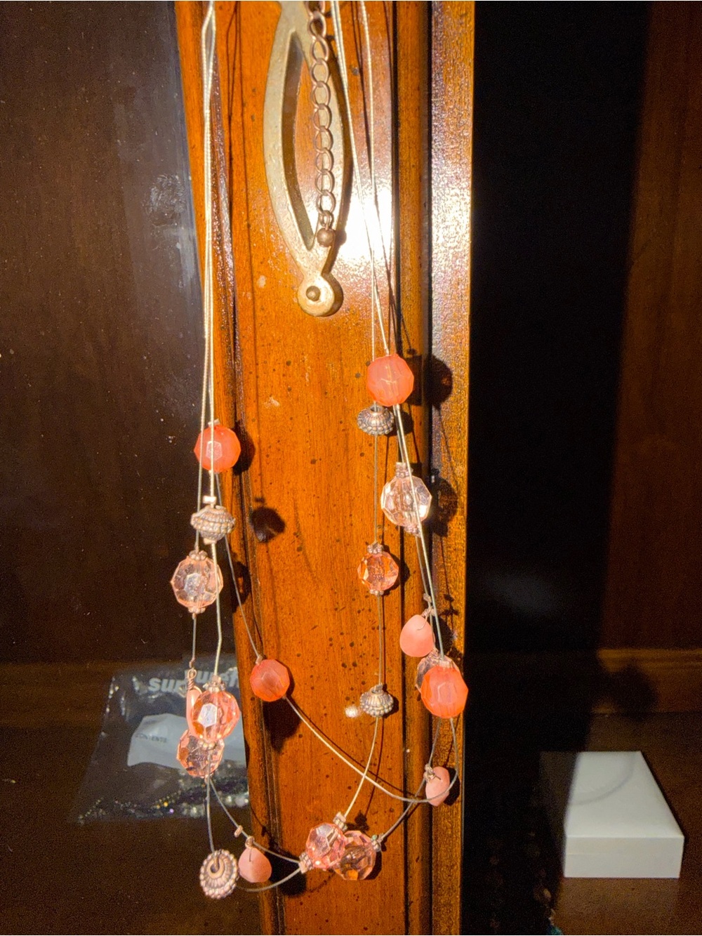 Layered Beaded Necklace with Coral and Clear Crystal Beads